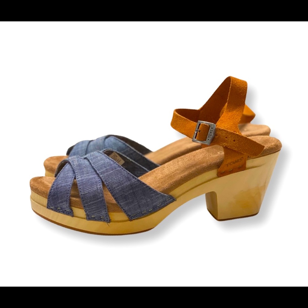 TOMS Beatrix Clog Sandal - Blue Chambray & Brown Suede Strap